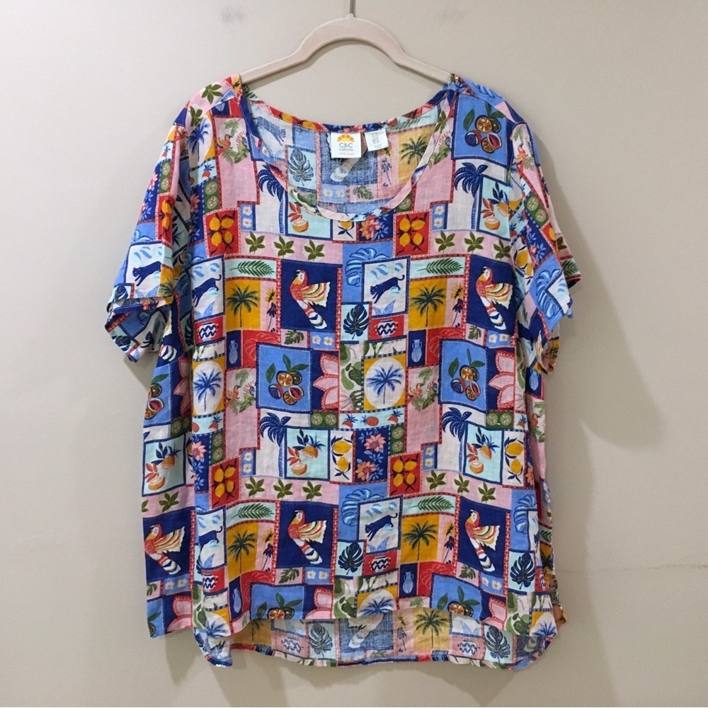 C&C California top patchwork Print 100% Linen Blue Pink women 1X New - Picture 1 of 5